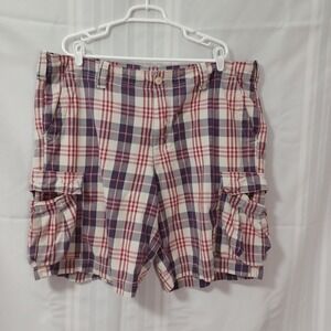 Polo Jeans Co Cargo Shorts Mens 42 Red White Blue Plaid‎ 6 Pockets Cotton Casual